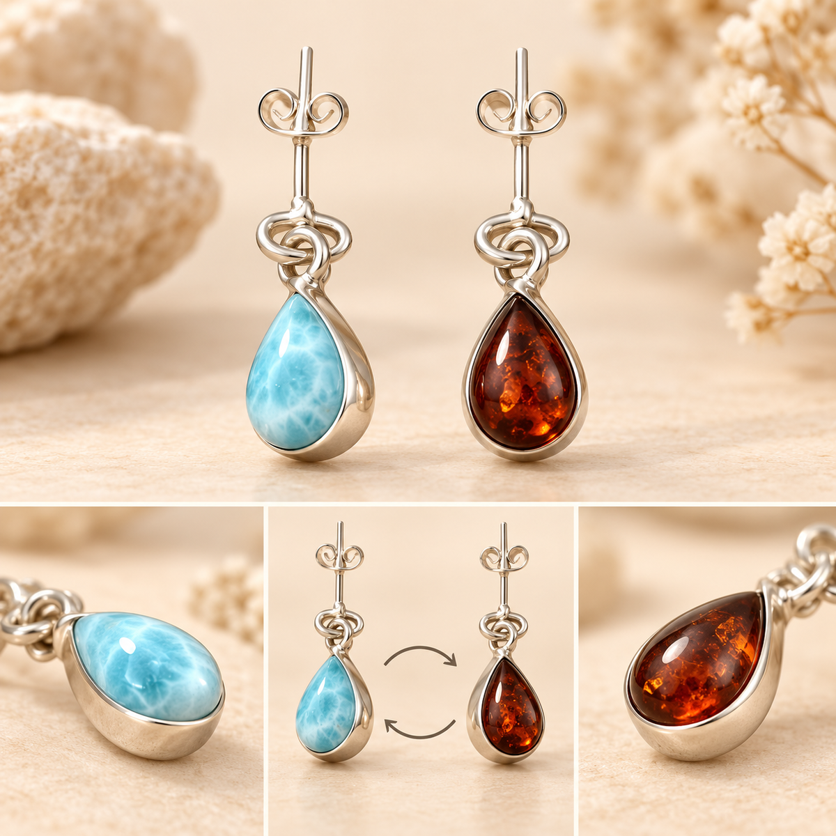 Caribbean Duality | Reversible Larimar & Amber Earrings