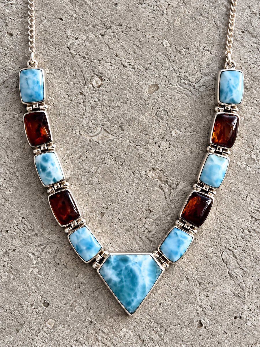 Handcrafted Dominican Larimar & Amber Statement Necklace | Caribbean Ocean Treasure