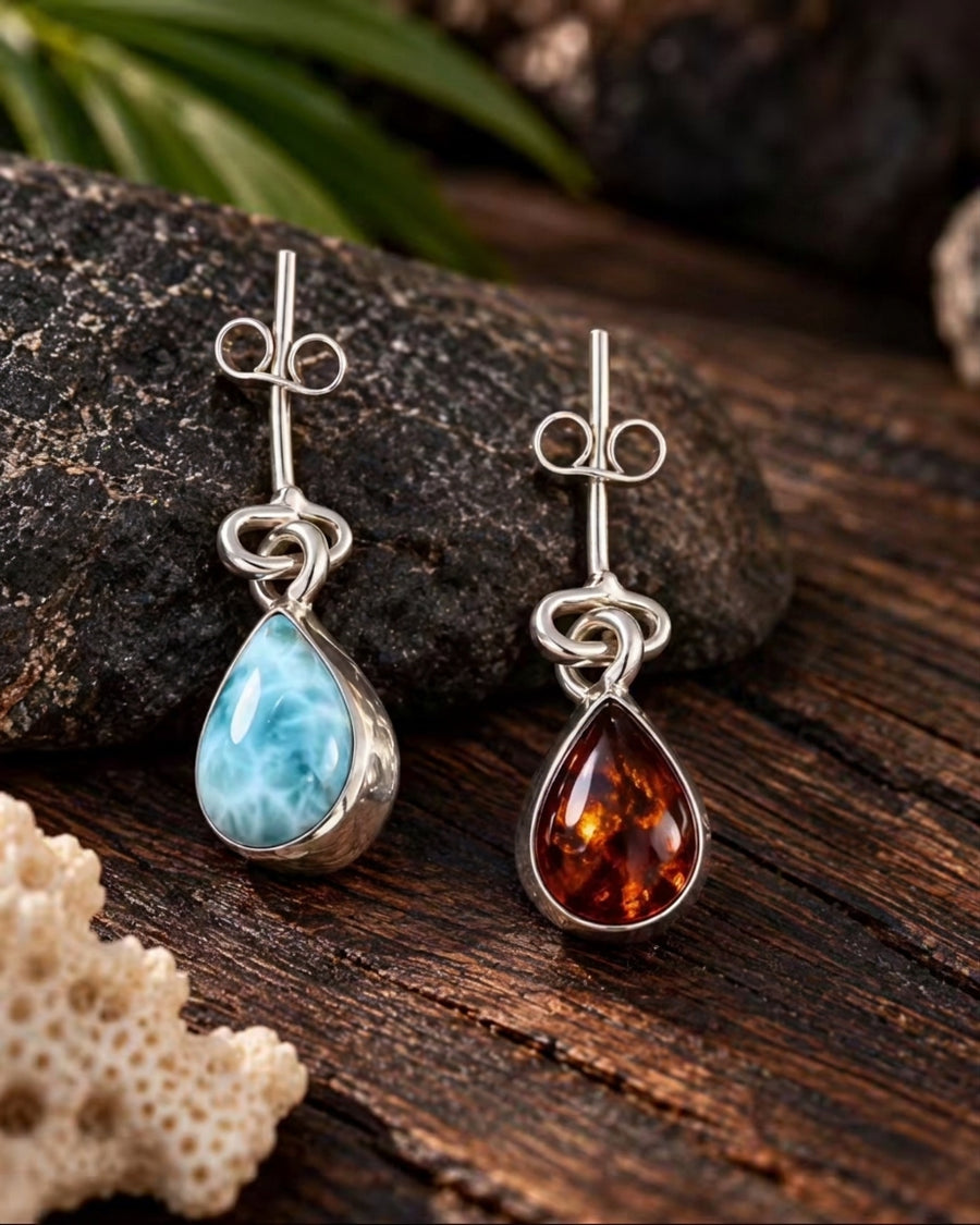 Caribbean Duality | Reversible Larimar & Amber Earrings